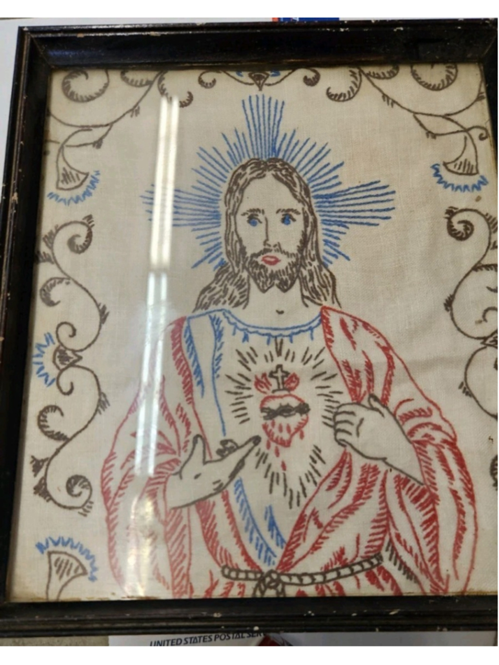 Vtg Jesus Embroidered Scared Heart & Immaculate Heart Mary Linen Frame 11 X 13